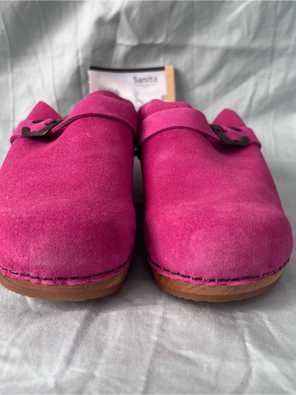 Sanita Bright Pink Suede Slip-On Clogs with Buckle - Picture 2 of 4